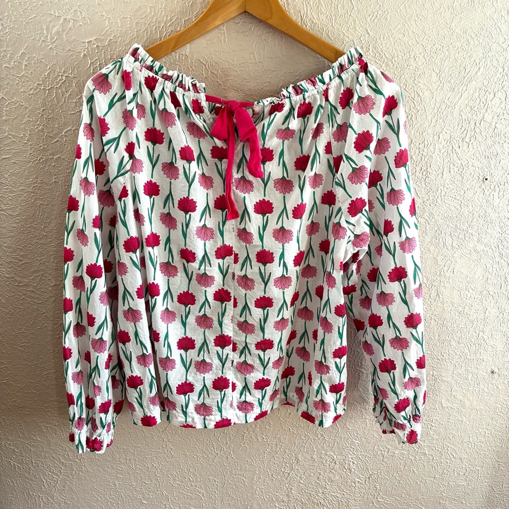 J.Crew Factory Floral Tie Back Ruffle-Neck Cotton Top Blouse